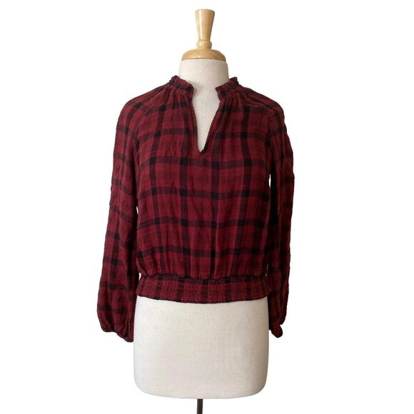 Cloth & Stone Top XS Burgundy Red "Sara" Plaid Raglan Sleeves Shirt Blouse (13) - Picture 2 of 6